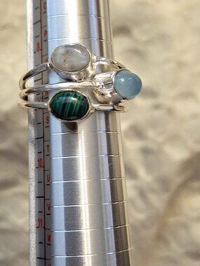Handmade Sterling Silver Moonstone, Malachite & Aquamarine Ring 14 NWOT